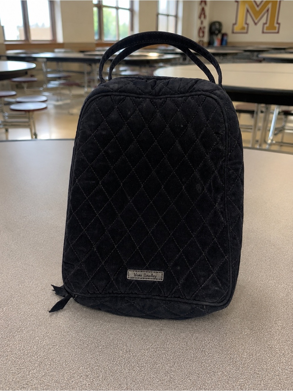 Vera Bradley Black Quilted Insulated Lunch Bag Tote Work School ID Name Tag Slot